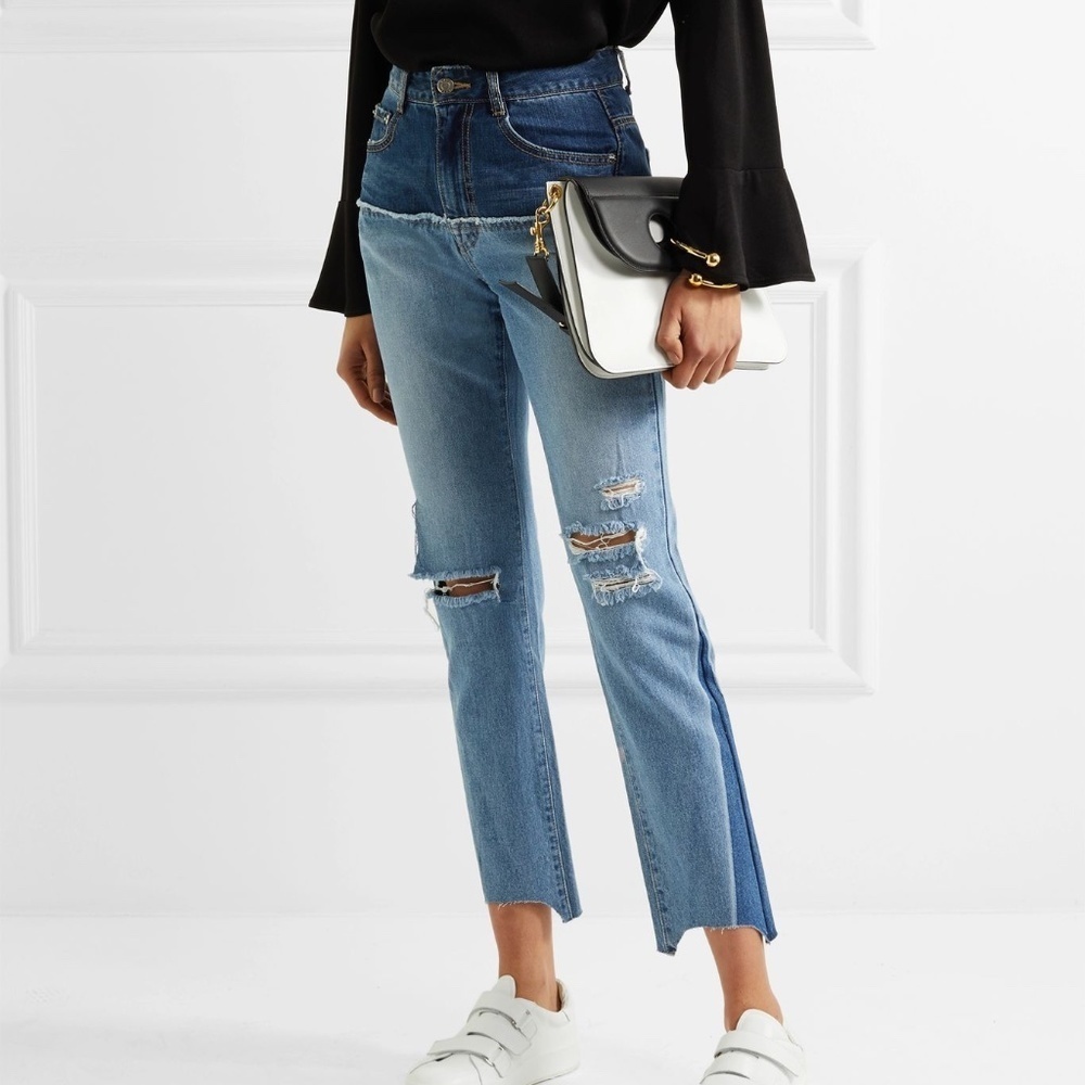 SJYP Two-tone distressed high-rise slim-leg jeans